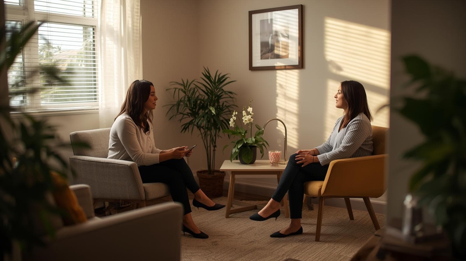 Two people in a calm therapy session.